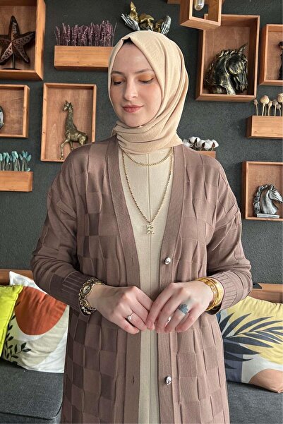 Rabia Şamlı Ζακέτα πλεκτό καφέ με σχέδιο δαμάσκηνο