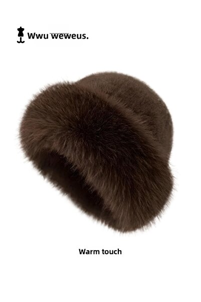 Weweus قبعة نسائية فاخرة شتوية ذات مظهر فرو ريش بني اللون