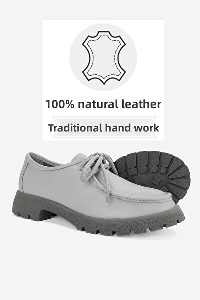 TUNAELLİ Gray Genuine Natural Leather - Lace-Up Oxford Women's Shoes Size 36-41