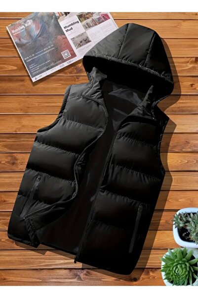 Last fashion Водоустойчива черна пухена жилетка с качулка
