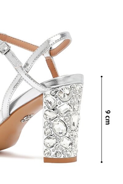 Derimod Women's Silver Ankle Buckle Metallic Thick Heeled Sandals 25Sfe466932