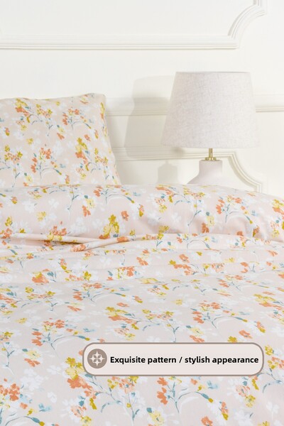 Elart Floret Duvet Cover Set Single Size Cotton Fitted Sheet (160X200 cm) Ecru