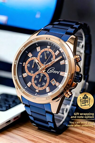 Cezeri ساعة يد رجالية من النحاس باللون الأزرق الداكن - ساعة توقيت مع وظيفة أص...