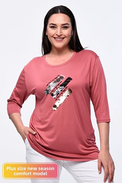 tarzımsüper Plus Size New Season Άνετο Μοντέλο Παγιέτες Παγιέτες Κεντημένες Ημιμανίκι Παγιέτες Mother 4 Seasons Μπλούζα