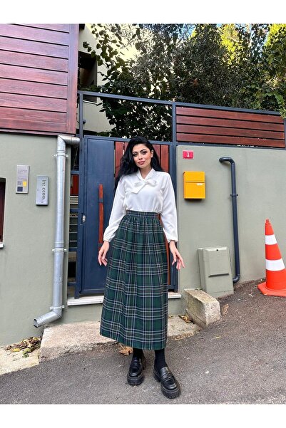 KÜÇÜĞÜM BUTİK Green Plaid Long Waist Gathered Skirt