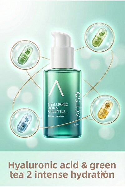 Aceso Cosmetics مصل الوجه بحمض الهيالورونيك والشاي الأخضر |   مرطب ومهدئ - 30 مل