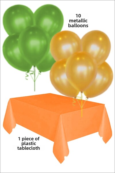 karanca parti süs 5 Green 5 Orange Metallic Balloons 1 Orange Tablecloth Birt...