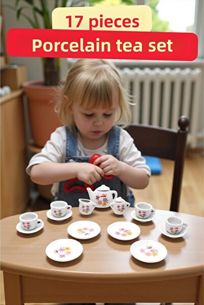 TRENDZONE مجموعة بيت الدمى - لعبة طقم شاي من البورسلين مكون من 17 قطعة مع زهو...