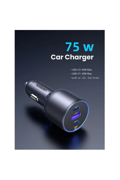 Ugreen Car Chager Fast Charge 2 USB-C and USB Ports 75W - Gray