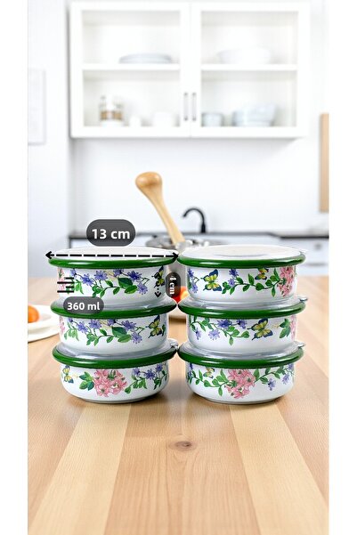 İnci Emaye 7 Piece Large Enamel Breakfast Set with Lid, Presentation Plate, Breakfast Plate, Jam Bowl, Dowry