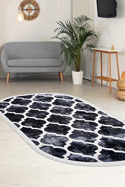 Dijidekor Digital Oval Fringed Carpet Modern Designed Black Color Erasable 14...