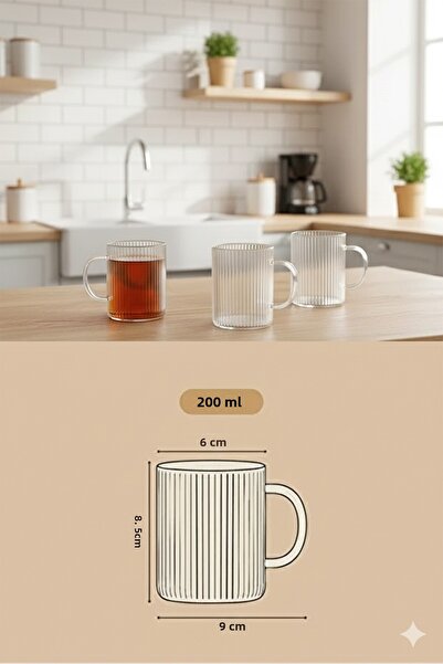 Home Molterra 3-Piece Striped Handle Heat-Resistant Borosilicate Glass Coffee Tea Cup 200 ml