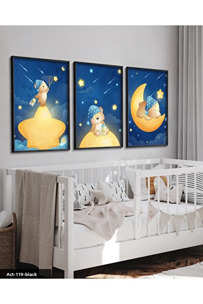 Evinemoda Tablou drăguț pisică din 3 piese cu rama din lemn negru ACT