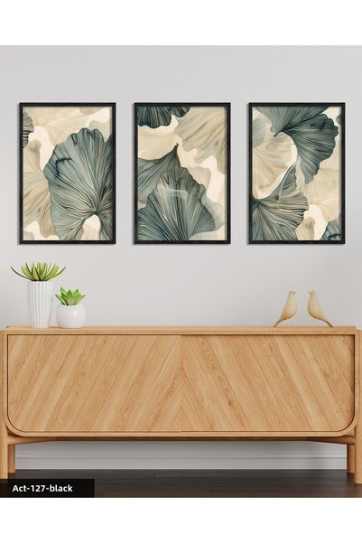 CeSht Green Floral Modern Art 3 Piece Black Wooden Framed Painting Act