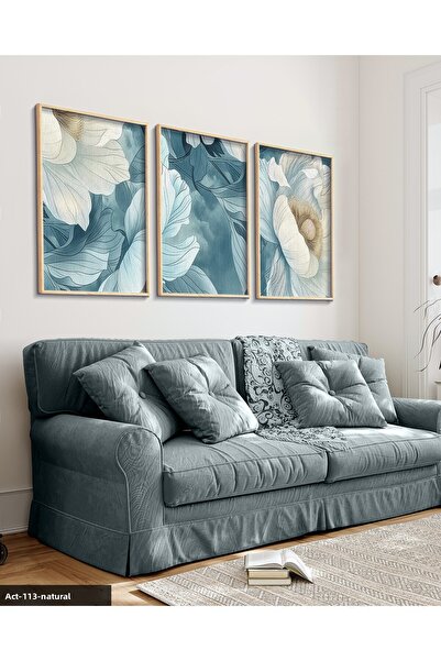 Evinemoda Λευκό λουλούδι σε μπλε φόντο 3 τεμάχια ζωγραφική με ξύλινο πλαίσιο ACT