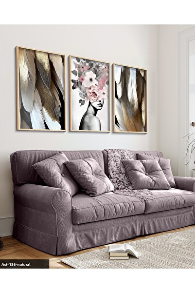 Evinemoda Pink Floral Portrait 3 Piece Wooden Framed Painting Act