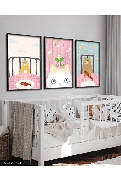 Evinemoda Χαριτωμένος πίνακας με γάτα και αρκούδα 3 τεμαχίων με μαύρο ξύλινο ...