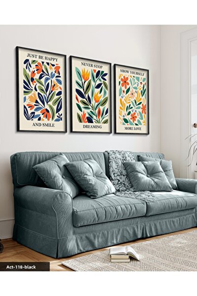 Evinemoda Poster botanic 3 piese Pictură înrămată cu lemn negru ACT