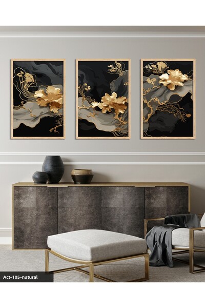 CeSht Boho Style Gold Flower 3 Piece Wooden Framed Painting Act