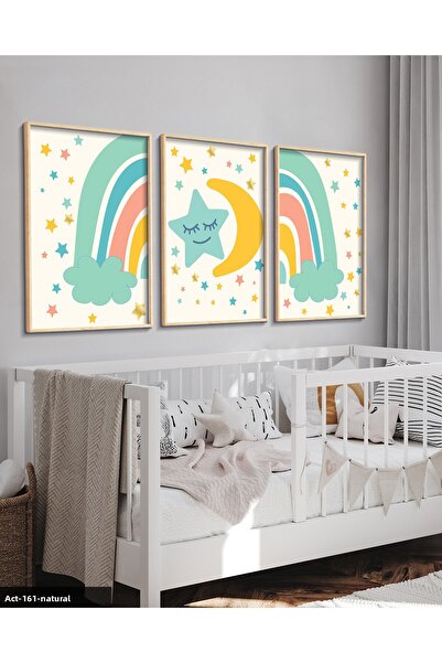 Evinemoda Tablou colorat cu stele și curcubeu, 3 piese, cu rame din lemn ACT