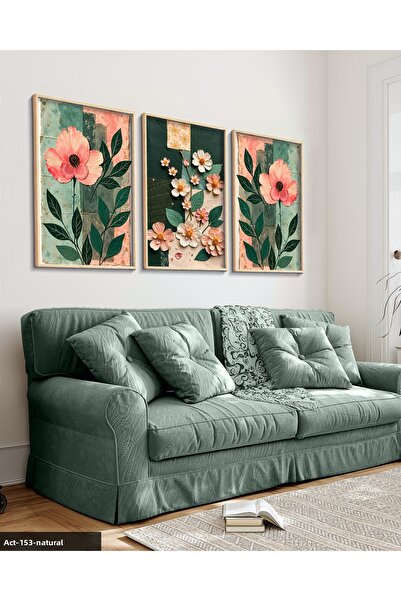 Evinemoda Flori roz pe fundal colorat 3 piese pictură înrămată în lemn ACT