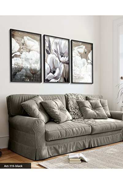 CeSht Pictură în ulei cu aspect de floare albă, 3 bucăți, cu cadru din lemn negru, pictură ACT