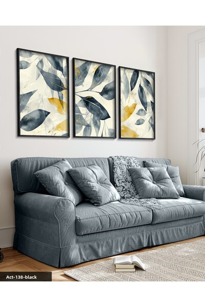 Evinemoda Tablou în stil boho, albastru închis și frunze aurii, 3 piese, cu r...