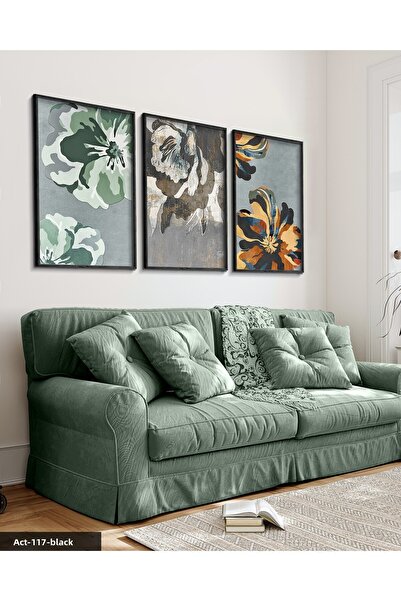 Evinemoda Flori colorate 3 piese pictură în cadru din lemn negru ACT