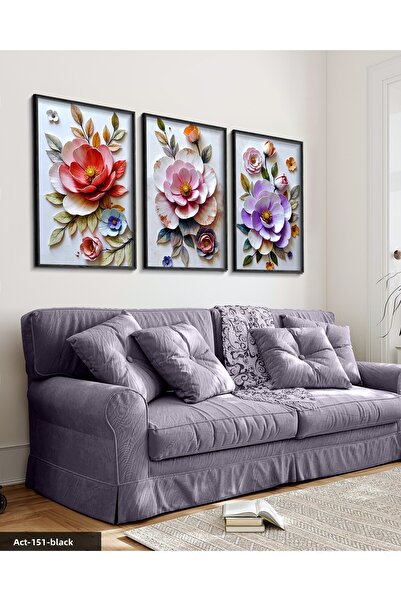 Evinemoda Flori colorate 3 piese pictură în cadru din lemn negru ACT