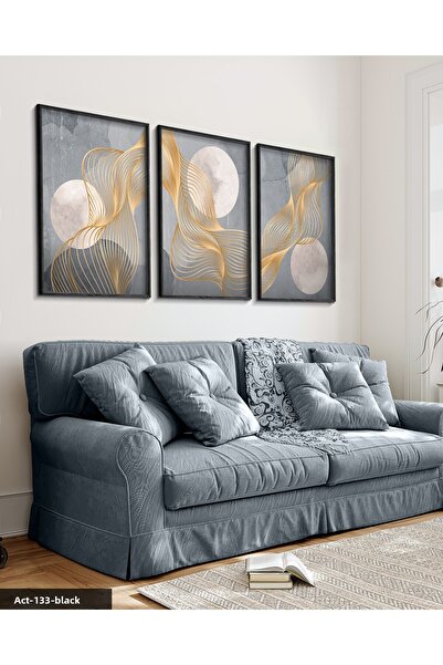 Evinemoda Златни вълни на сив фон 3-частна картина с черна дървена рамка ACT