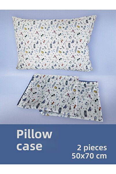 Piyes Home Blue Patterned Cotton Fabric Combed Cotton Zippered 2 Piece Pillowcase