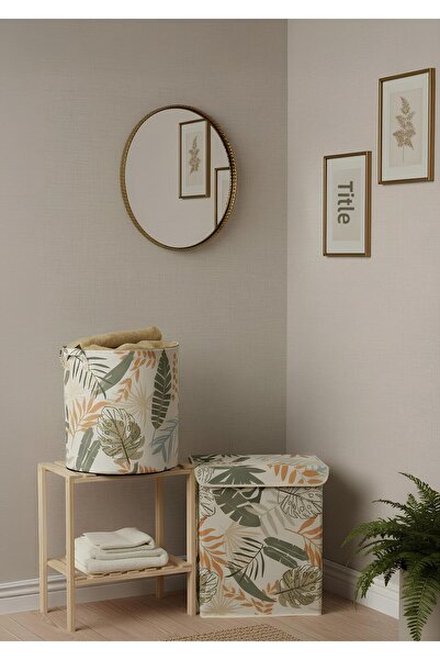 HomyJRs 2-Piece Leaf Patterned Cylinder and Rectangular Large Size Storage Box with Lid 40X50X30Cm Basket 37X40Cm