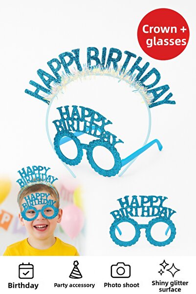 TOYFEST Blue Happy Birthday Glitter Birthday Crown and Glasses Set – Party Accessory, Photo Concept