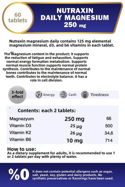 Nutraxin مغنيسيوم ديلي إنيرجي 250 ملغ 60 قرص - مغنيسيوم، فيتامين د3، فيتامين ك2، فيتامين ب6