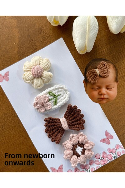 livadesign7 Newborn Baby Hair Clip Handmade Mixed Set of 4 Hairless Brown Bab...