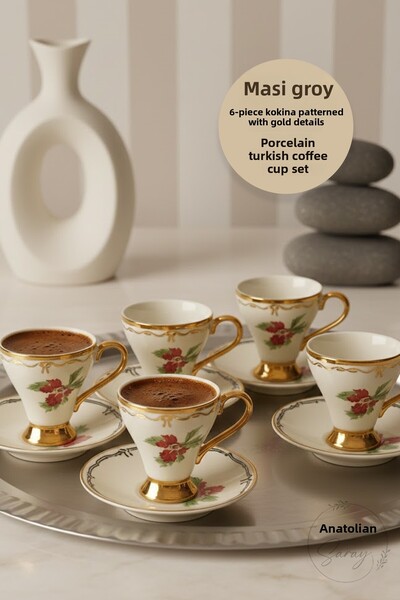 Anadolu Saray 6-Piece Kokina Patterned Gold Detailed Porcelain Turkish Coffee Cup Set