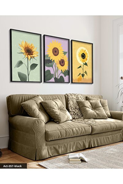 Evinemoda Flori lunare 3 piese pictură înrămată cu lemn negru