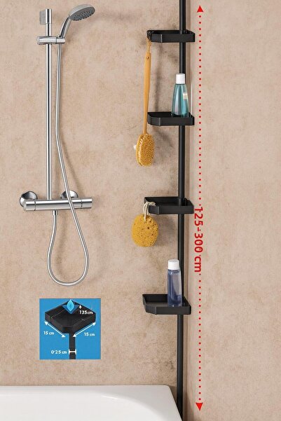 GBMOTION Black Telescopic Shower Corner Shelf – 125–300 cm Adjustable, 3 Tier, No Drilling Installation
