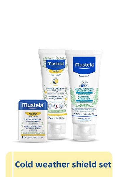 Mustela مجموعة درع الهواء البارد - بلسم مريح للصدر، كريم وجه للبشرة الجافة، ع...