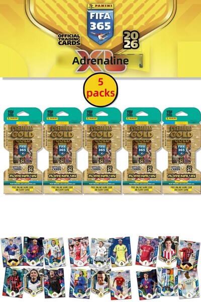 TOYFEST Panini Premium Gold 2026 Adrenalyn XL Football Player Card Special Edition (5 Packs 50 Cards)