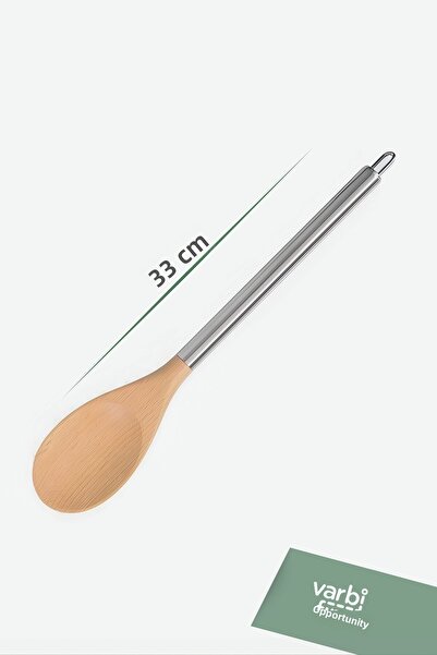 Varbifırsat Set of 2 33 cm Metal Serving Spoons with Wooden Tips - Slotted Spoons