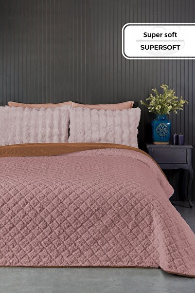 Evlen Home Collection Premium Plush Double Multi-Purpose Bedspread 200X220 Double-Sided Blanket Pique Powder / Salmon