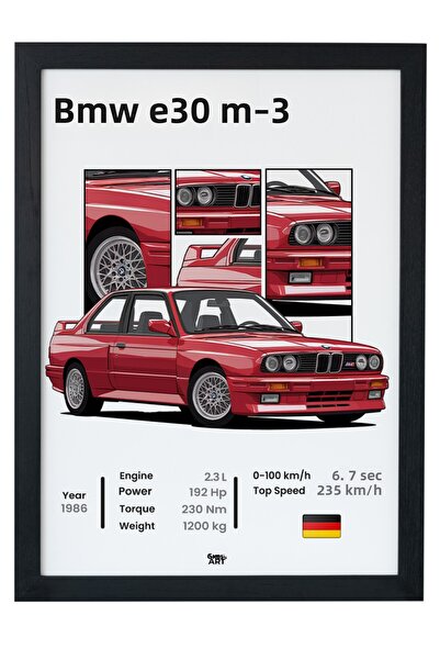 gxe.art Pictură cu poster cu rama din lemn BMW E30 M3 – Design clasic M Legend