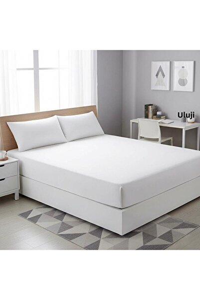 üntaş Plain White 180x200 King Size Cotton White Elastic Sheet + 2 Pillowcases Ün615