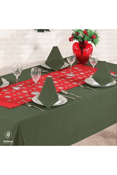 Solinas Collection Mila Gardenya Fabric 14 Piece Green Tablecloth Embroidered Runner and Red Napkin