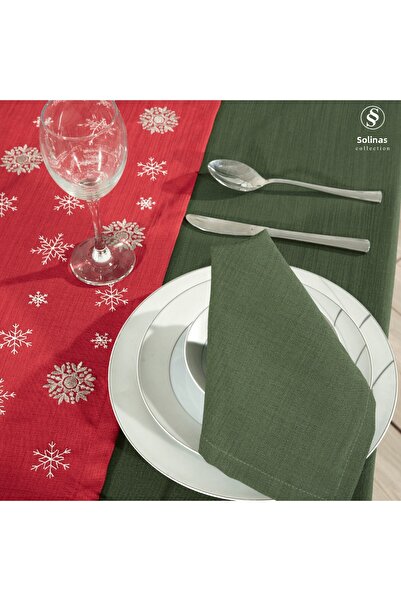 Solinas Collection Mila Gardenya Fabric 14 Piece Green Tablecloth Embroidered Runner and Red Napkin