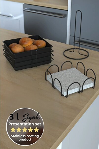Home Stuff Black 3-Piece Serving Presentation Set, Square Bread Upright Roll Towel Holder Square Desktop Napkin Holder