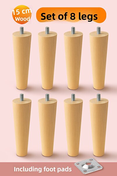 Badem10 Set de 8 picioare din lemn pentru mobilier, scaun, canapea, 15 cm, cu dispozitive de fixare cu șuruburi M8