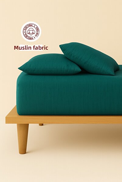 sutra 100% Cotton Muslin Fabric Double Fitted Sheet Set