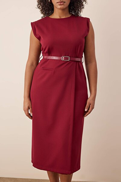 Trendyol Curve Burgundy Sleeveless Woven Midi Plus Size Dress Tbbaw26Ah00085